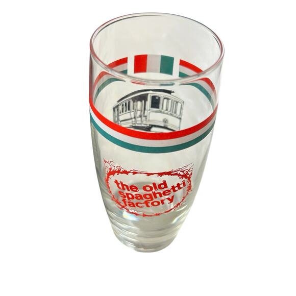 The Old Spaghetti Factory Drinking Glass 6.5" Clear with Logo Colors & Trolley - Picture 7 of 7
